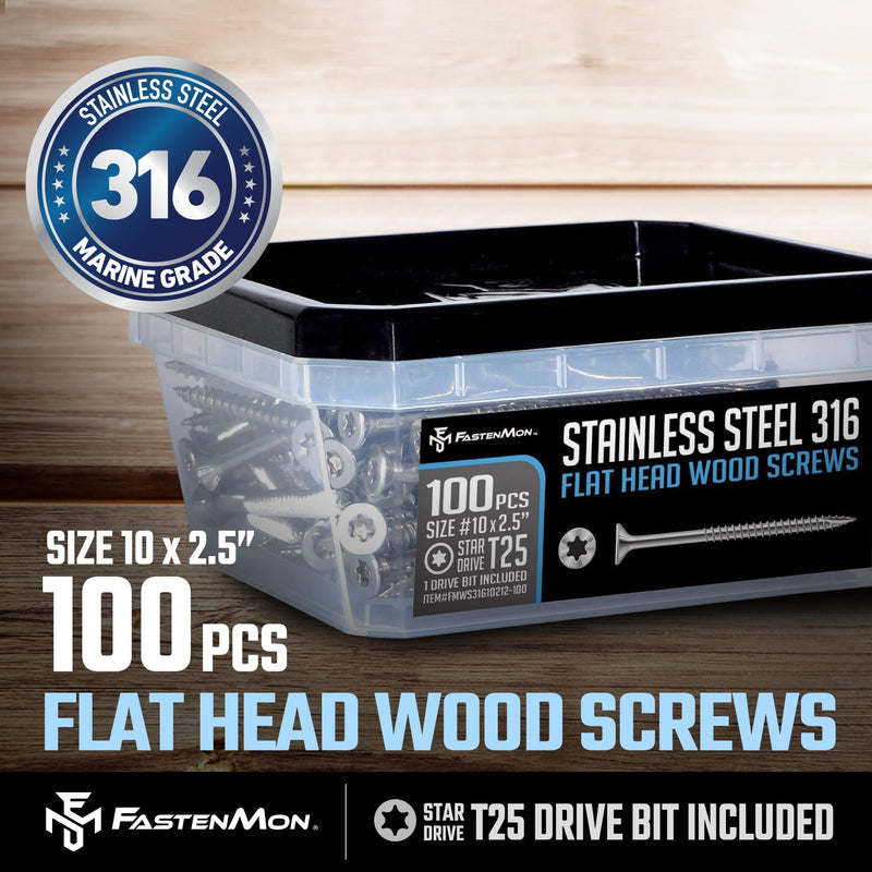 FastenMon #10 x 2-1/2" Marine Grade Type 316 Stainless Steel Wood Screws - 100 Pack with T25 Bit – Torx Flat Head Type 17 Point Ideal for Decks, Fences, and Coastal Construction 100 PCS