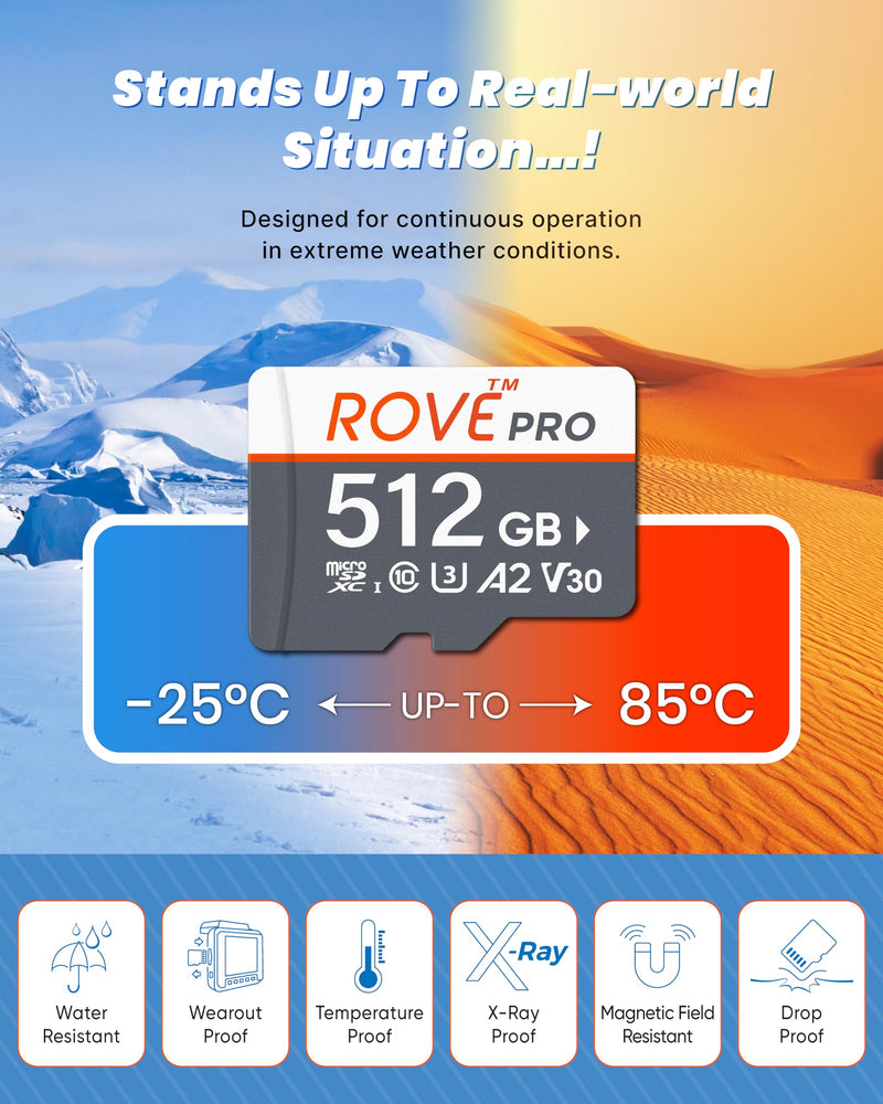ROVE PRO Micro SD Card microSDXC 512GB Memory Card with Full-Size SD Adapter 100MB/s Read Speed, C10, U3, V30, 4K, A2 for Dash Cam, Android Smart Phones, Tablets, Games