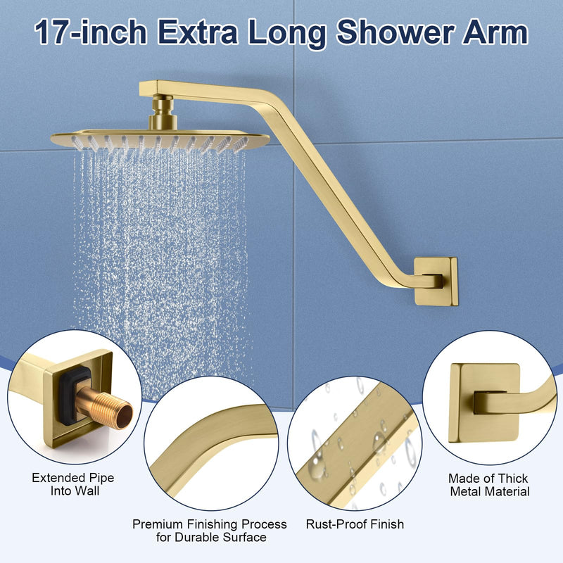 Square Shower Head Extension Arm with Flange, 16.5 Inch Z/S Shaped High Rise Shower Pipe Extender Wall-Mounted for Fixed Bathroom, Shower Head Goose Neck Arm - Extra Long Thread, Brushed Gold