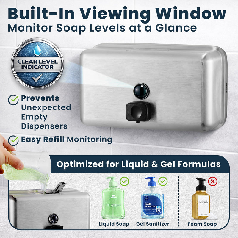 Alpine Commercial Wall-Mounted Soap Dispenser – Stainless Steel, Liquid, Manual Pump, ADA Compliant, 1200ml for High-Traffic Bathrooms (Horizontal) 1