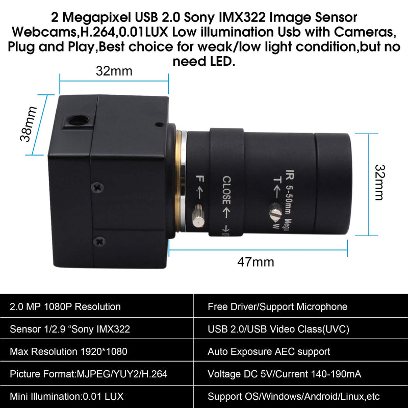 ELP 5-50mm Varifocal Lens 1080P USB Camera with H.264 High Definition Sony IMX323 Webcam for Android Linux Windows Industrial Video