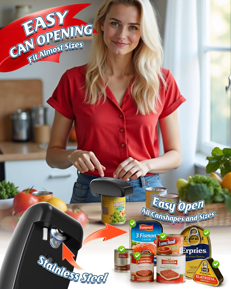 HuiJuKeJi LED Automatic Can Opener, Hands-Free One-Touch Operation Electric Can Opener, Auto-Stop Smooth Edge Safety & USB Rechargeable for Seniors Arthritis Effortless Opening Kitchen Gadget Gift