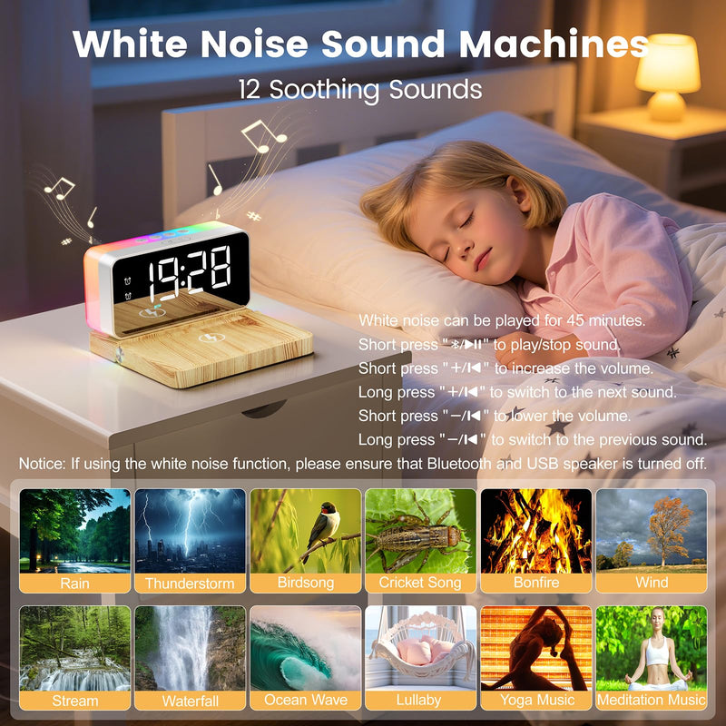 Bedroom Alarm Clock for Heavy Sleepers - 5 in 1 Magnetic 10W Wireless Charger with White Noise Bluetooth Speaker RGB Light Dual Alarm (Woodgrain)