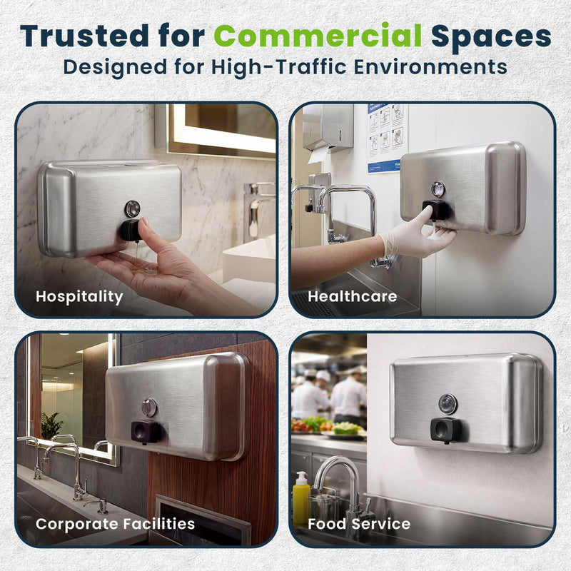 Alpine Commercial Wall-Mounted Soap Dispenser – Stainless Steel, Liquid, Manual Pump, ADA Compliant, 1200ml for High-Traffic Bathrooms (Horizontal) 1