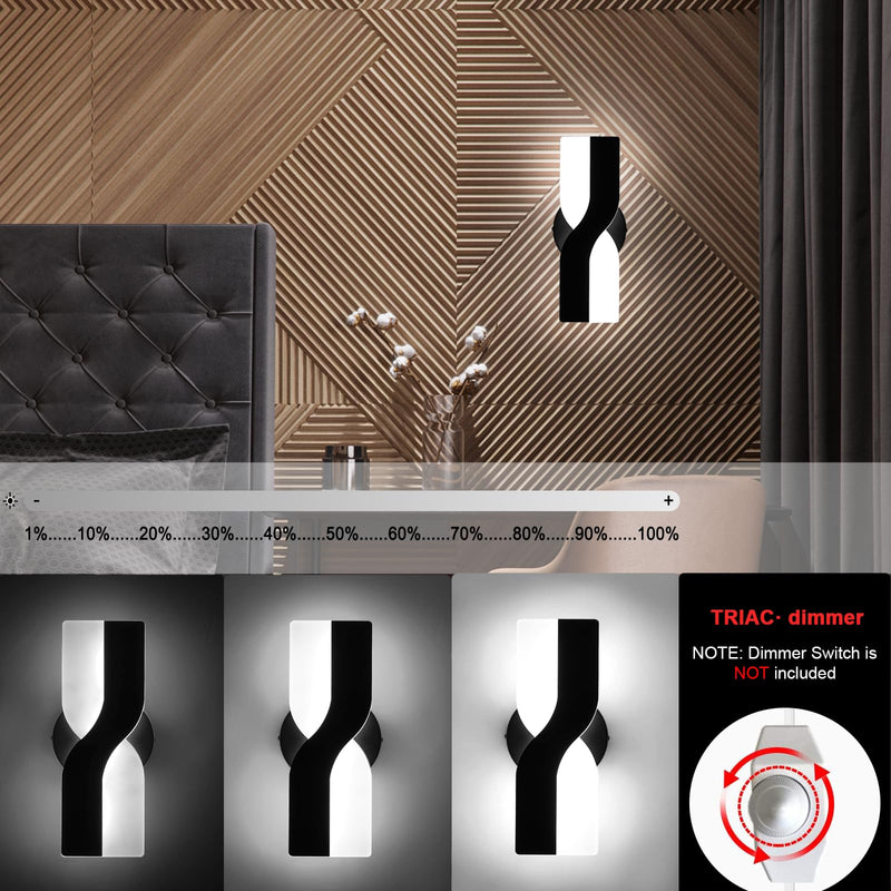 Kawell 12W Minimalist LED Wall Light 1%-100% Dimming Modern Sconce Hardwired Indoor Lamp Square for Bedside Hallway Study Kitchen, Black 6000K