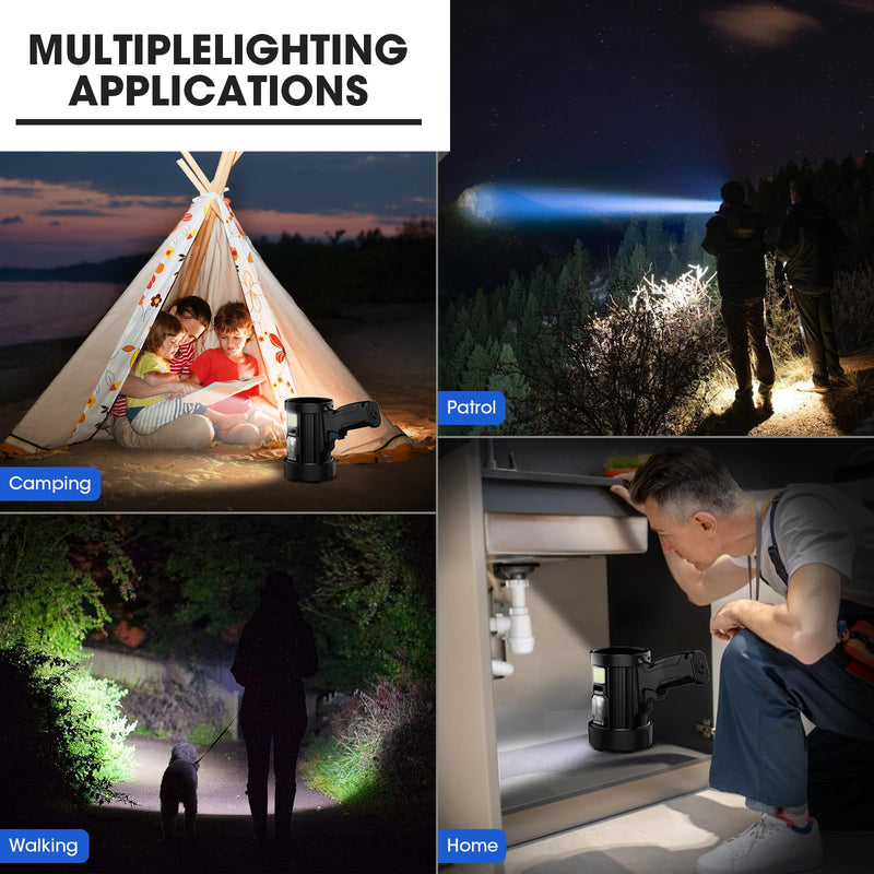 Rechargeable Spotlight, 1,000,000 Lumens Super Bright Handheld Led Flashlight, Outdoor Spot Light with Cob Light and Solar Panelsfor Boating Camping