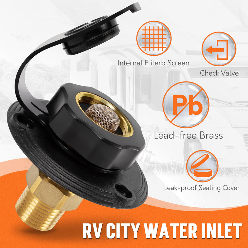 TONDA RV City Water Inlet with Check Valve, Brass Thread RV Water Fill Inlet Replacement, RV Water Hose Connector for Camper, Trailer, Motorhome Black