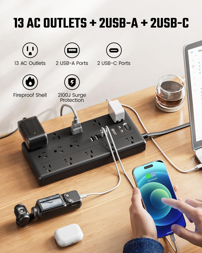 SUPERDANNY 10Ft Extension Cord with Multiple Outlets, Flat Plug Power Strip | 2100J, 13AC 2 USB C 2 USB A Charging Ports, Surge Protector, Desk Charging Station, Home Office, College Dorm Room Essentials Black 10 FT