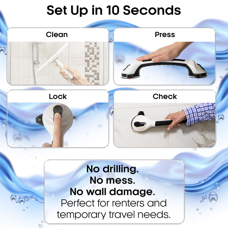 Suction Grab Bars for Shower 2-Pack, Extra-Strong Suction Cup Bathroom Grab Bar Handle w/Green Safety Indicator, No-Drill Removable Shower Handle for Seniors, Elderly & Handicap