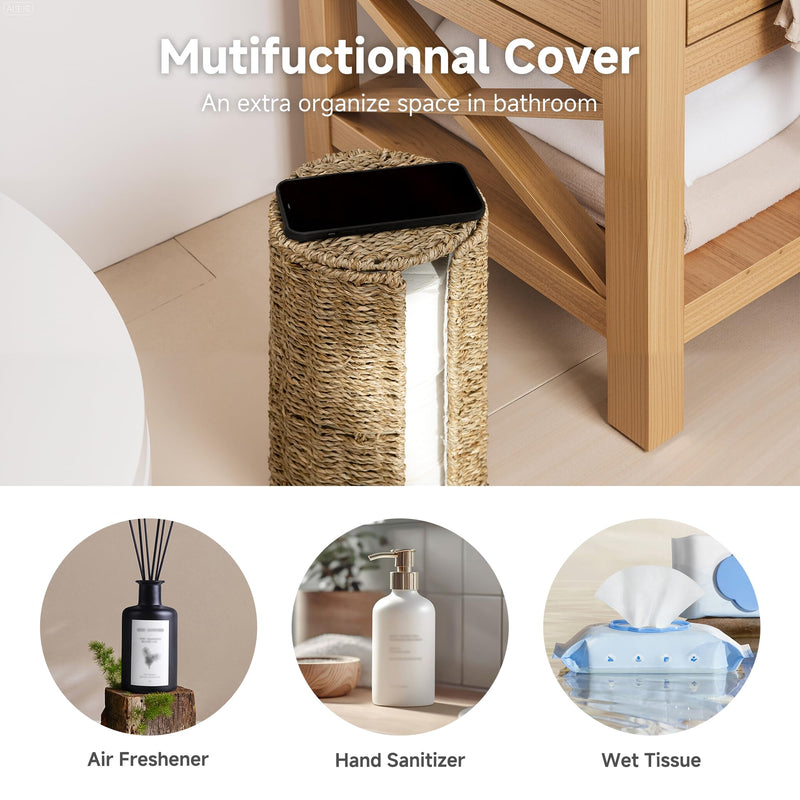 StorageWorks Seagrass Free Standing Toilet Paper Holder Stand for Bathroom, 3 Rolls of Toilet Tissue Storage with a Built-in Cloth Lining, Toilet Roll Holder Stand with Lid Natural（seagrass） 6¾"D(For 3 Roll)