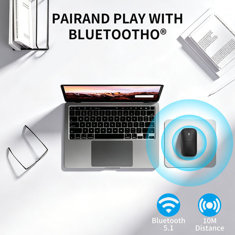 Bluetooth Mouse for Laptop Mac MacBook PC Chromebook Notebook - Black | No USB Receiver, Slim Portable Design, Silent Click, 4 DPI Adjustable, Long Battery Life, Aluminum Alloy Roller Computer Mice