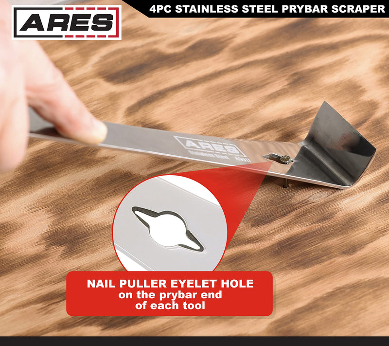 ARES 46020-4-Piece Stainless Steel Prybar Scraper Set - Ultra Sharp Scrapers Remove Residue from Steel, Aluminum, and More - Prybar Ends Offer Extra Leverage - Built-In Nail Puller and Bottle Opener