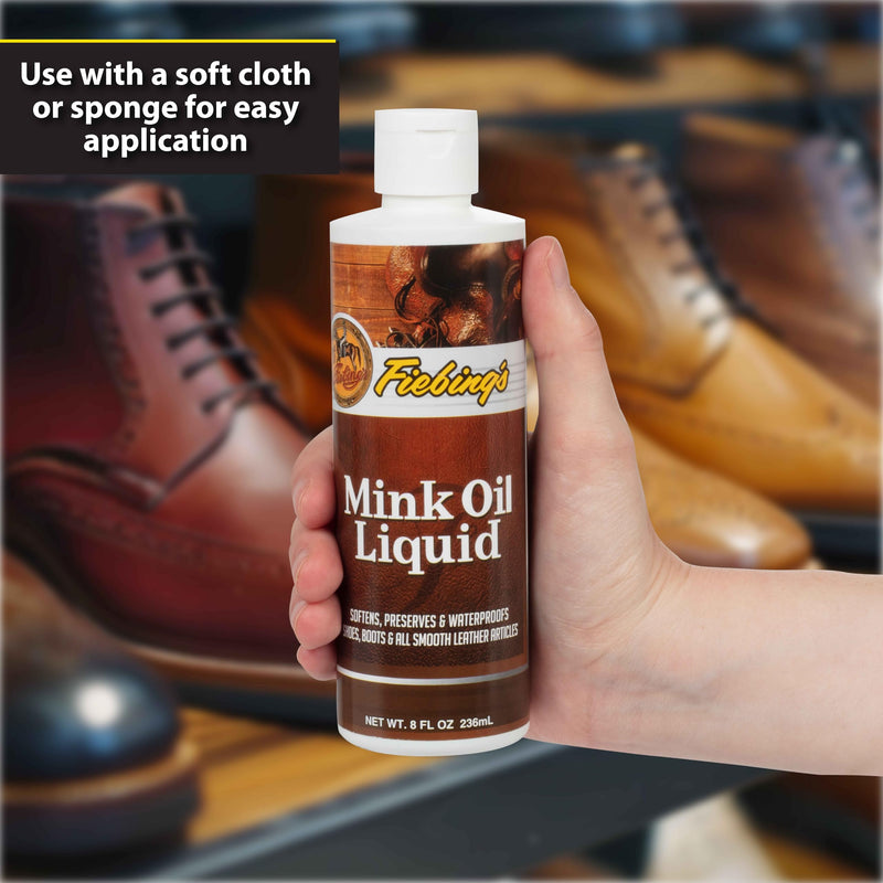 Fiebing's Liquid Mink Oil for Leather Boots (8 fl oz) - Leather Cleaner & Conditioner - Waterproof, Preserve, Soften All Smooth Leathercraft & Vinyl - Prevents Salt Stains - Use On Couch, Shoe, Purse 8 oz