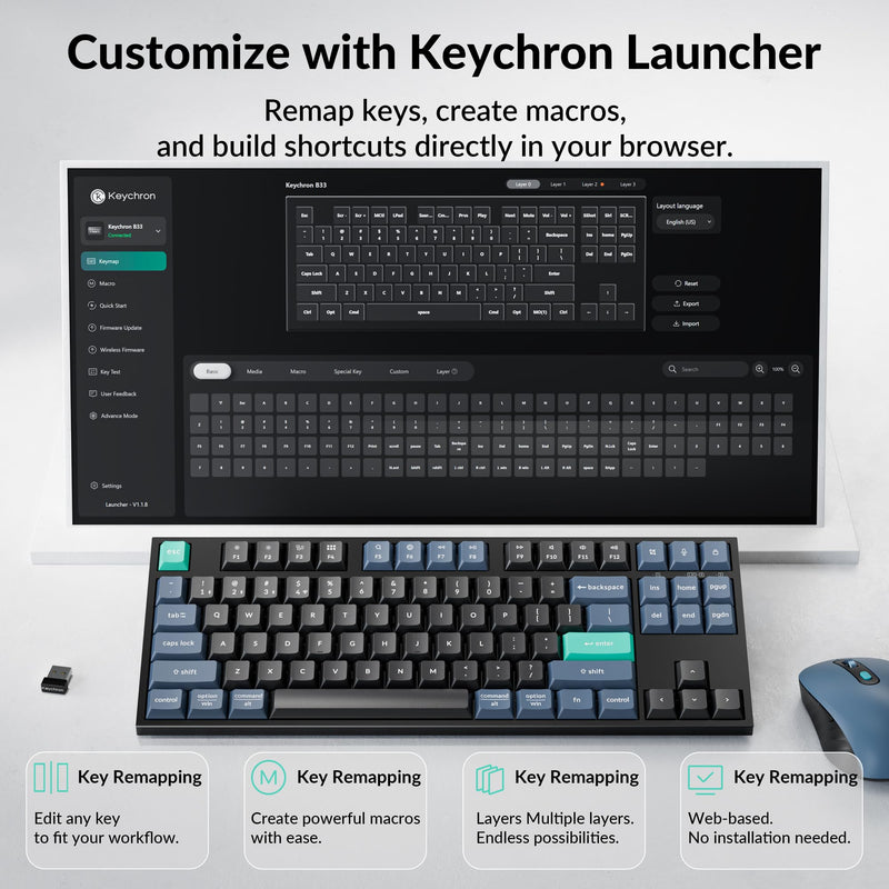 Keychron B33 Silent Wireless Keyboard, Premium TKL Scissor Switch Keyboard with Tri-Mode Connectivity, Programmable via Launcher, for Mac Windows Linux