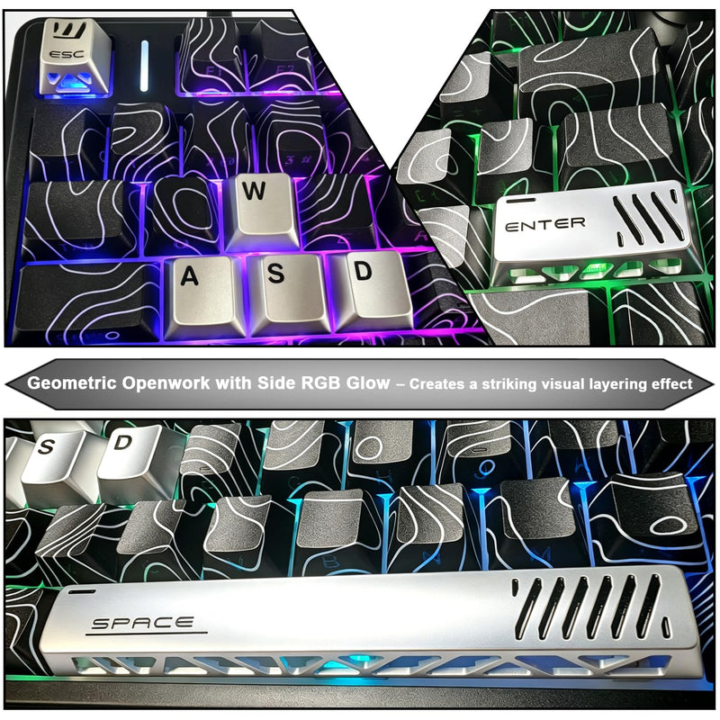 Aluminum CNC Machined Metal Keycaps Set of 7 for Mechanical Keyboard,Silver | Geometric Hollow-Out Design, Cherry Profile, MX Switch Compatible – for Gaming, Office, Typing (WASD+ESC+Enter+Space)