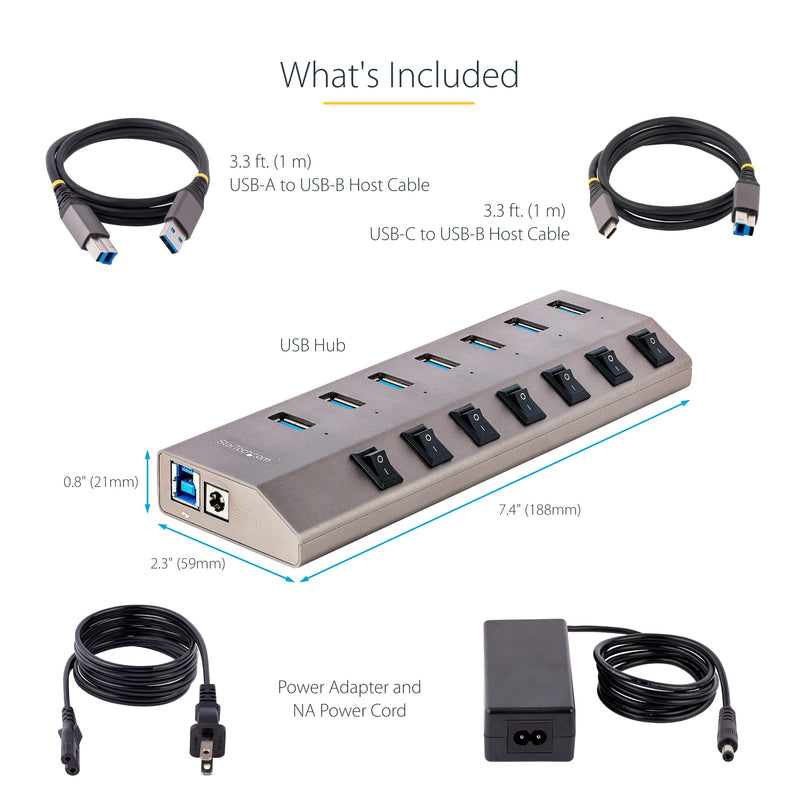 StarTech.com 7-Port Self-Powered USB-C Hub with Individual On/Off Switches, USB 3.0 5Gbps Expansion Hub w/Power Supply, Desktop/Laptop USB-C to USB-A Hub, USB Type C Hub w/BC 1.2 (5G7AIBS-USB-HUB-NA)