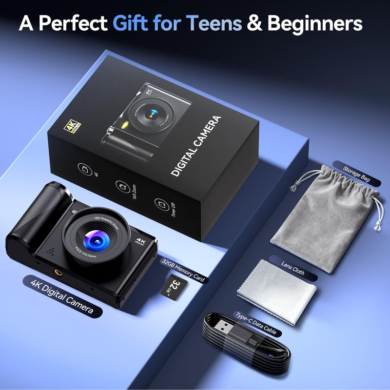 Digital Camera 4K for Photography Vlogging: 56MP Cameras with Mode Dial for Video - 16X Zoom Photo Camera Gifts for Teens Ages 8-16 - 180°Flip Screen Compact Cámara - Point and Shoot Digital Cameras