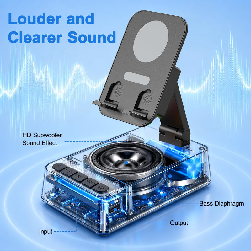 TARKARI Induction Speaker, Phone Stand with Speaker, Bluetooth Speakers | Wired Charging the Cellphone, Foldable and Adjustable Cell Phone Stand, Ambient Light, For Home Office, Gifts for Women Him Black