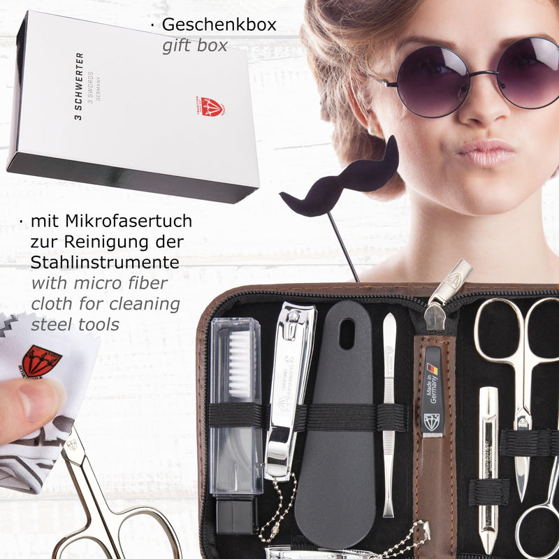 3 Swords Germany - brand quality 10 piece manicure pedicure grooming kit set for professional finger & toe nail care tweezers file clipper fashion leather case in gift box, Made by 3 Swords (01610) BROWN