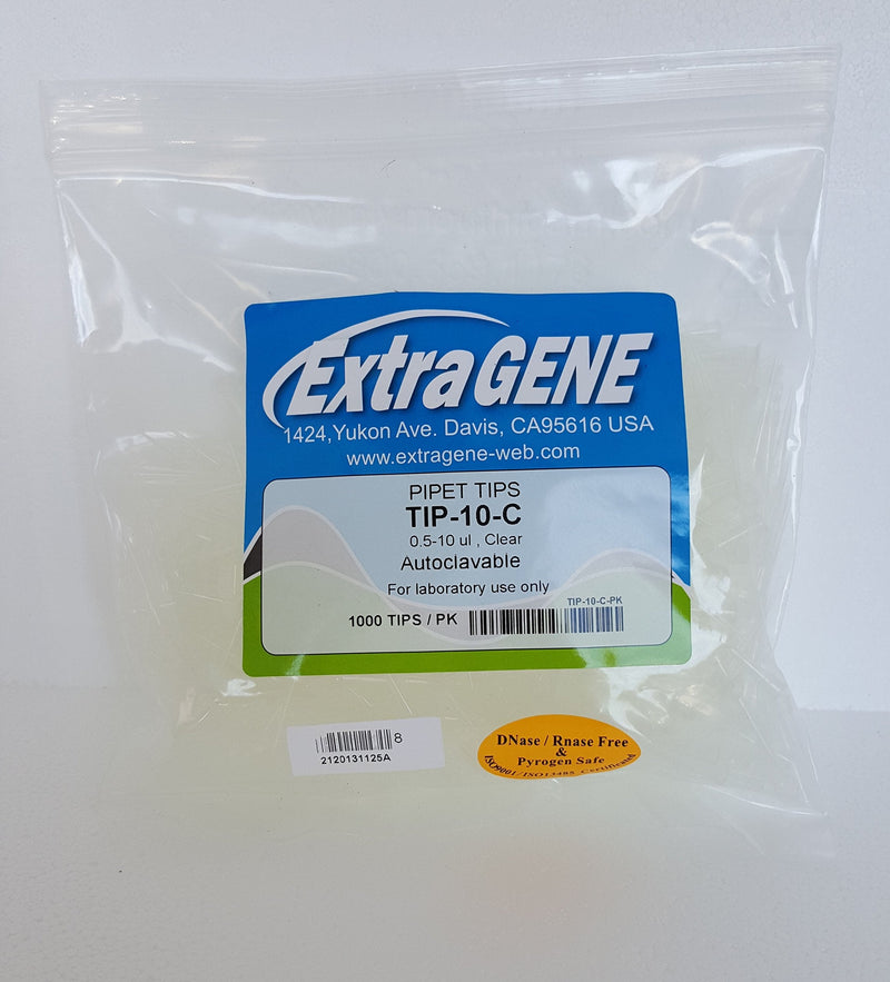 Extragene™ 10 ul Universal Pipette Tips (Clear) DNase/RNase Free. Autoclavable Bag of 1000