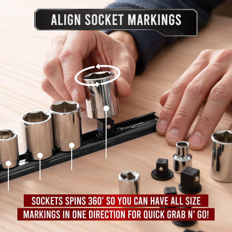 Precision Defined Aluminum Tool Socket Holder | Black, Single 3/8-Inch Socket Organizer x 16 Clips | Heavy Duty Socket Rails Organizer, Socket Storage, Socket Tray 360 Rotation 3/8-Inch Drive
