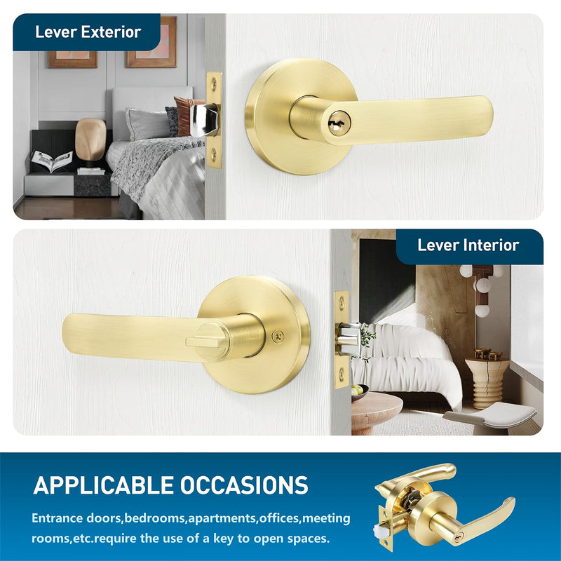 Leydebong 1 Pack Door Knobs with Keys, Entry Door Handles Light Satin Brass, Bedroom Bathroom Front Door Handle with Keys, Keyed Alike Door Levers for Interior Exterior Use, Round Modern Door Handles Keyed Entrance-Keyed Alike