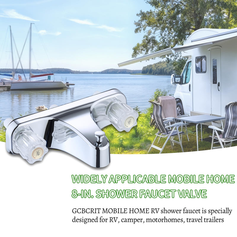 Mobile Home RV Tub Shower Center-Set Faucet, 8 inch, 2-Handle Wall Mount Shower Valve, RV and Motor Home Bath Tub & Shower Faucet with Clear Acrylic Knobs (Chrome) Chrome