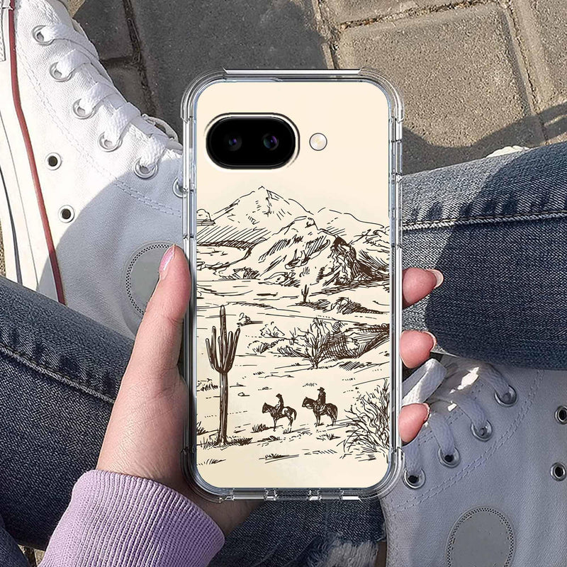 Case for Google Pixel 10a with Vintage Cowboy Art Design,Abstract Wild West Landscape Pattern,Clear Slim Soft TPU Bumper Phone Cover,6.3”(Cowgirl,P10a)