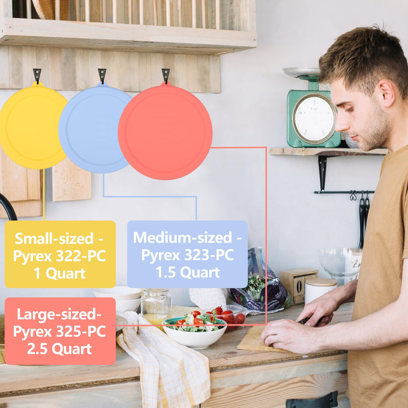 3 Pack Silicone Lids Only Fit for Pyrex 322-1 Quart / 323-1.5 Quart / 325-2.5 Quart Smart Essentials Rimmed Glass Mixing Bowls, Dishwasher and Microwave Safe (Lids Only) 3 Pack Lids (322 + 323 + 325)