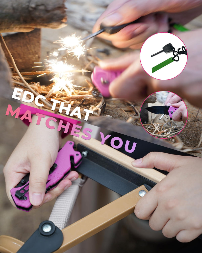 Elegant Pink EDC Pocket Knife for Women, 3 Inch Serrated Blade with G10 Handle and Seatbelt Cutter, Perfect for Hiking, Camping and Everyday Confidence