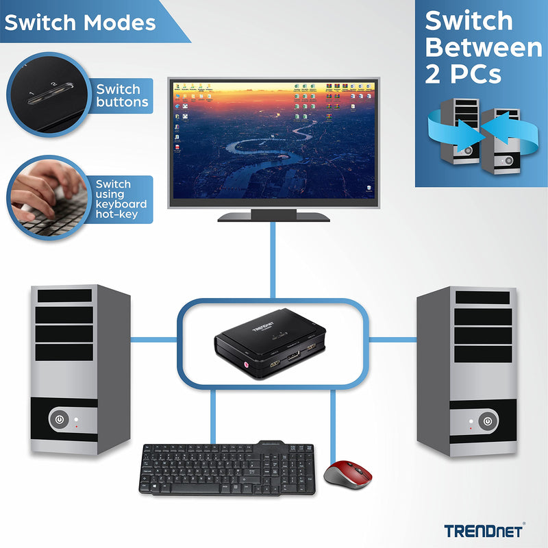 TRENDnet 2-Port 4K DisplayPort 1.2 KVM Switch with Audio, 4K UHD (3840 x 2160@60Hz), 3.5mm Speaker/Microphone, USB 2.0, Integrated Cables, Black, TK-220DPI 2-Port 4K DisplayPort KVM
