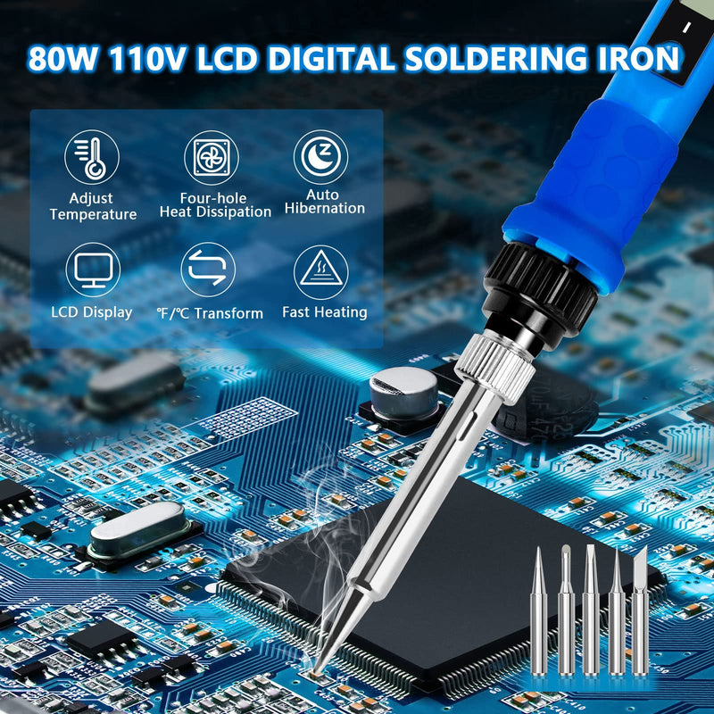 Soldering Iron Kit, 80W 110V Upgraded Digital Electric Solder Irons, with LCD Display, 39-in-1 Adjustable Temperature Welding Tool for Metal, Jewelry Electrical Repairs, DIY 80W-blue-39-in-1
