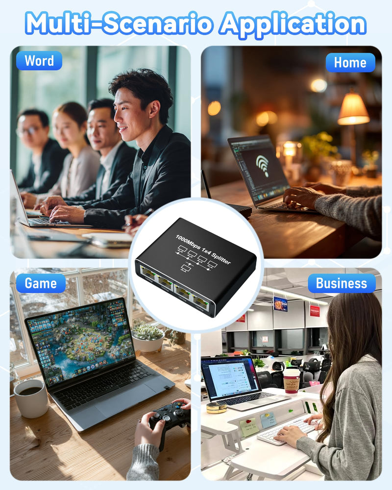 Ethernet Splitter 1 to 4, Kit with 2 LAN Cable Cat6, 1000Mbps High-Speed RJ45 LAN Splitter Adapter to Connect 4 Devices Simultaneously, USB Powered RJ45 Network Extension for Cat8/7/6/5e/5 Cable 4 Port | with 2x 6.6ft LAN Cables
