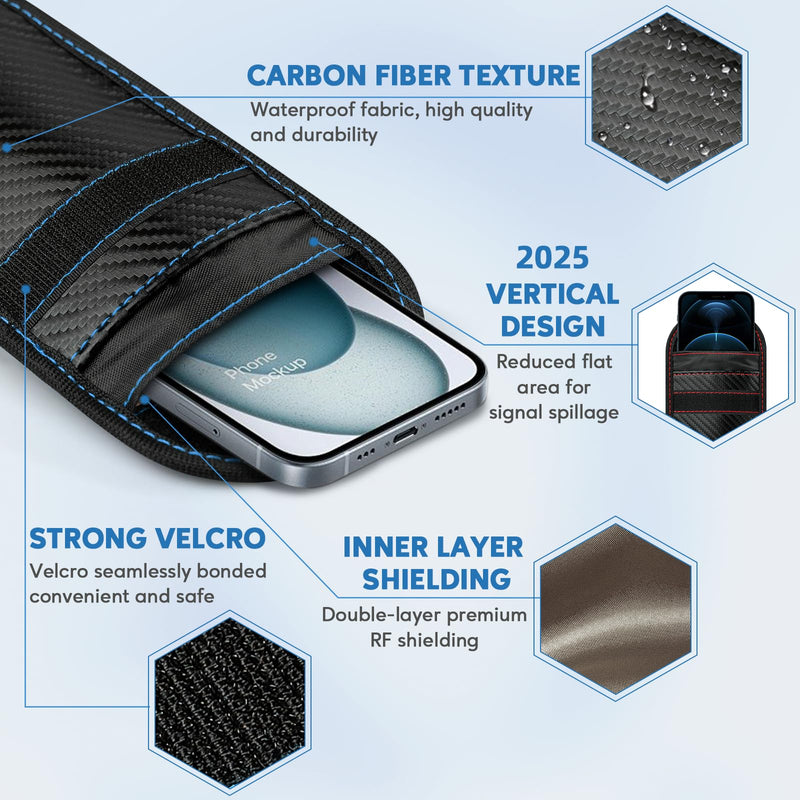 Faraday Bags for Phones and Car Key, Carbon Fiber Surface Signal Blocking Pouch, Go Dark Bags for Cell Phones, Car Key/WiFi/RFID/GPS Signal Blocker with Red Blue Stiching Red and Blue