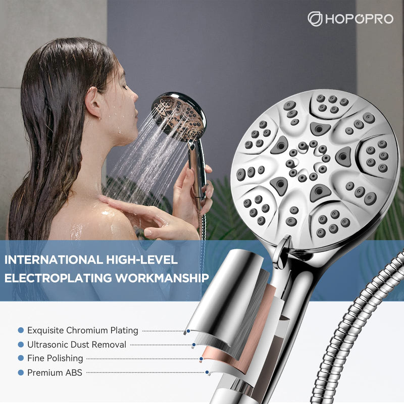 6-Mode High Pressure Handheld Shower Head Set, Consumer Reports Recommended HOPOPRO High Flow Hand Held Showerhead with 59 Inch Hose Bracket Teflon Tape Rubber Washers 6 Modes Luxury Chrome