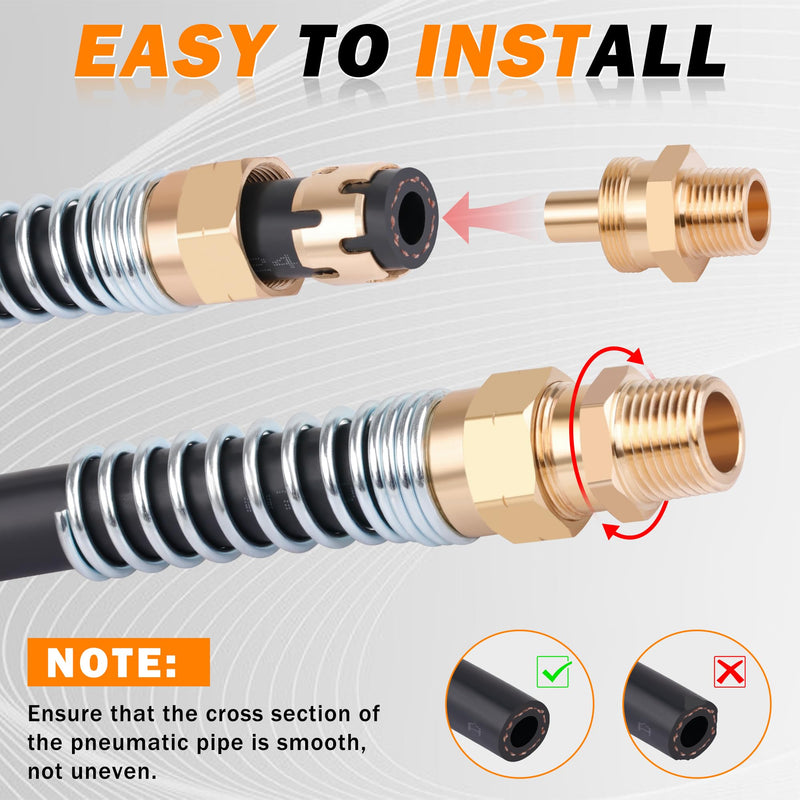 4Pcs Brass 3/8” Air Hose Fittings DOT Air Fittings with Spring Guards, 3/8” Male Connector for Rubber Tube, Air Brake Hose End Fittings, with 8Pcs Fitting Sleeve Tubes 3/8” Hose x 3/8” Male Connector with Spring Guard