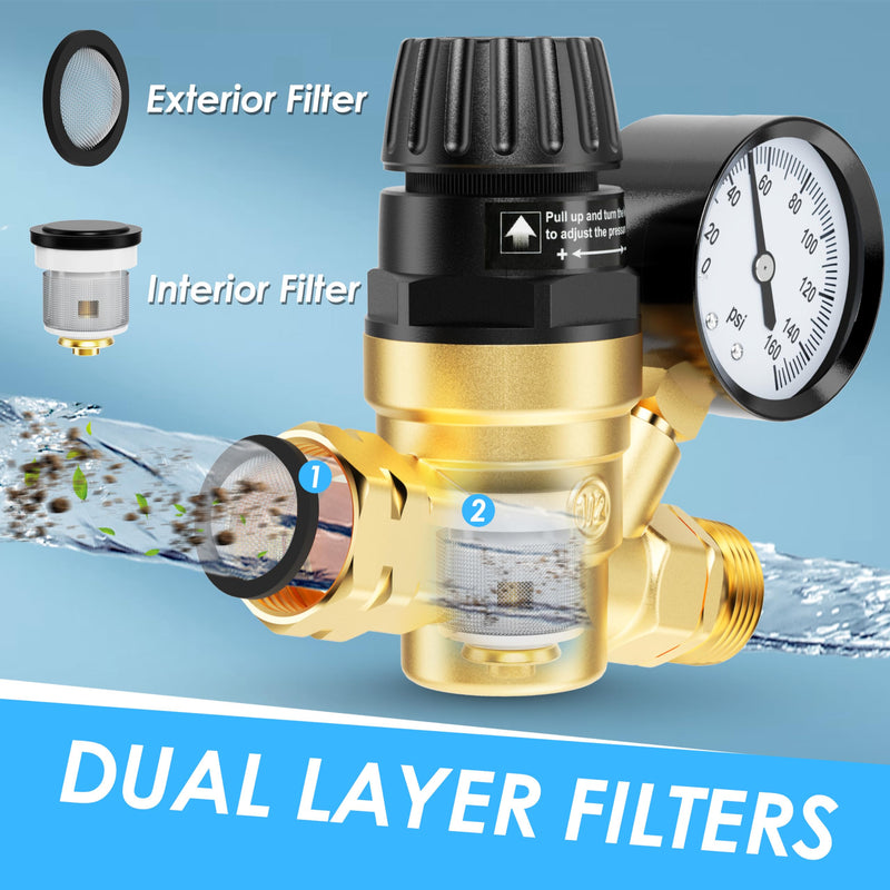 RV Water Pressure Regulator Valve, Brass Lead-Free Adjustable Water Pressure Reducer with Gauge and Inlet Filter for RV Camper and Travel Trailer