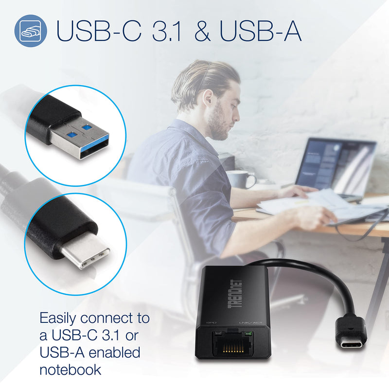 TRENDnet USB-C 3.1 to 2.5GBASE-T Ethernet Adapter, TUC-ET2G, NDAA & TAA Compliant, Windows & Mac Compatible, USB Type-C to USB-A Converter Included, Up to 2.5Gbps Speeds, Black USB-C | USB 3.1 2.5 Gbps