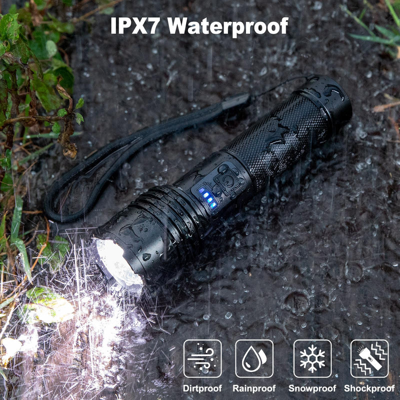 KINGCAESAR 3 Pack Rechargeable Flashlights 90,000 High Lumens, Super Bright LED Flash Light with 3 Light Modes, High Power Flashlight with Charging Cables, IPX7 Waterproof for Camping, Outdoor, Home