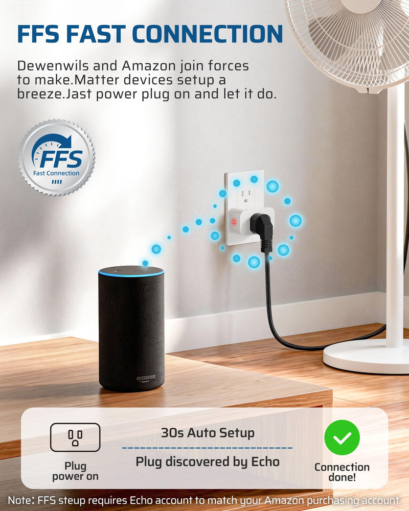DEWENWILS Matter Smart Plug, Work with Alexa, Apple Home, Google, SmartThings, Outlet with Schedule and Timer, FFS Easy Setup, 100% Privacy 15A/1800W, APP Voice Control, 2.4G Wi-Fi Only, 2 Pack White Matter-4Pack