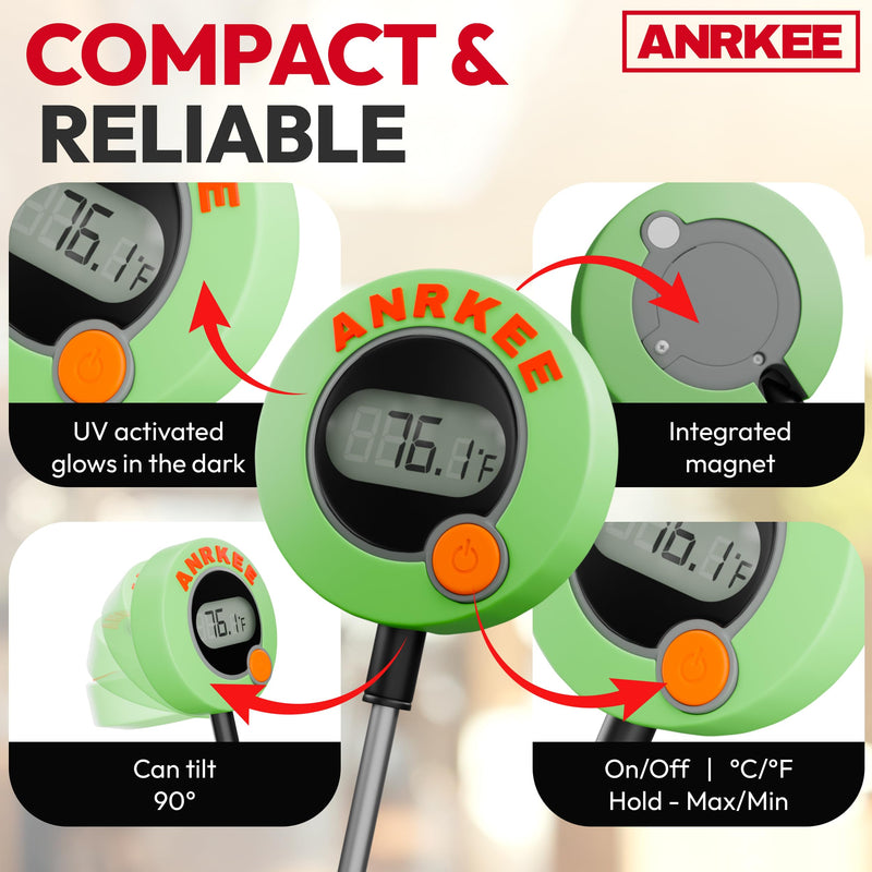 Digital Temperature Probe HVAC Thermometer with LCD Display, Phosphorescent Cover, Magnetic Mount, Fahrenheit and Celsius, Foldable Display, Probe Tip Protector and Hanging Mount