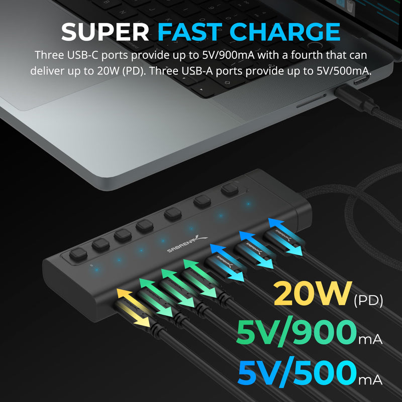SABRENT USB C Hub 7-Port 48W Powered Hub with Switches (HB-3A4C) 7-PORT - USB Type C