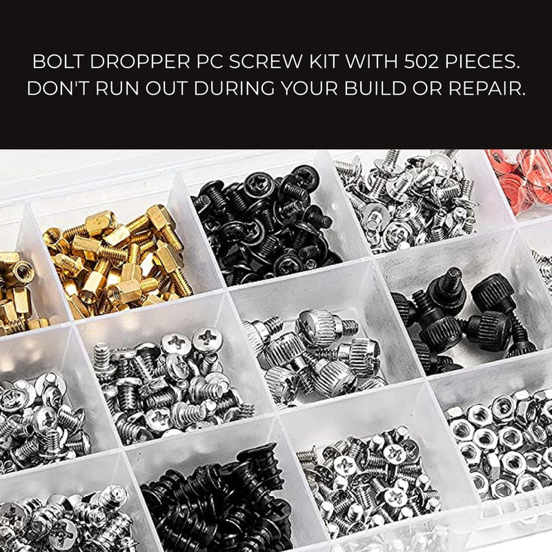 Bolt Dropper 502pcs Computer Screw Assortment Kit - Standoffs Screws for HDD Hard Drive, Fan, Chassis, ATX Case, Motherboard, Case Fan, Graphics, SSD, Spacer - DIY PC Installation and Repair Set