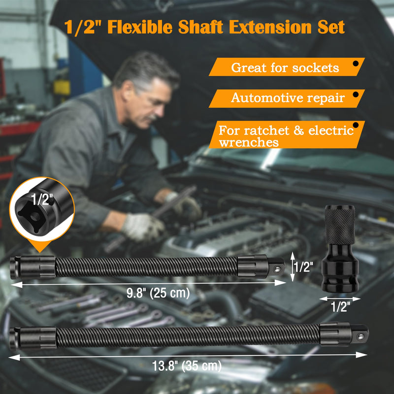 1/2" Drive Flexible Socket Extension Set, 10" & 14" Heavy Duty Flex Ratchet Extension Bar, Electric Ratchet Extender, Steel Torque Socket Extender for Engine Bays & Tight Spaces(4-Piece)