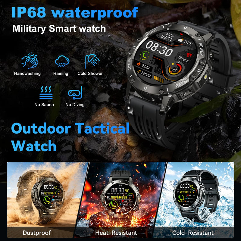 Smart Watch for Men Fitness Tracker: Waterproof Make Answer Call Running Digital Mens Watches Military Smartwatch Android Phone iPhone Samsung Compatible SpO2 Sleep Heart Rate Monitor Step Pedometer Black