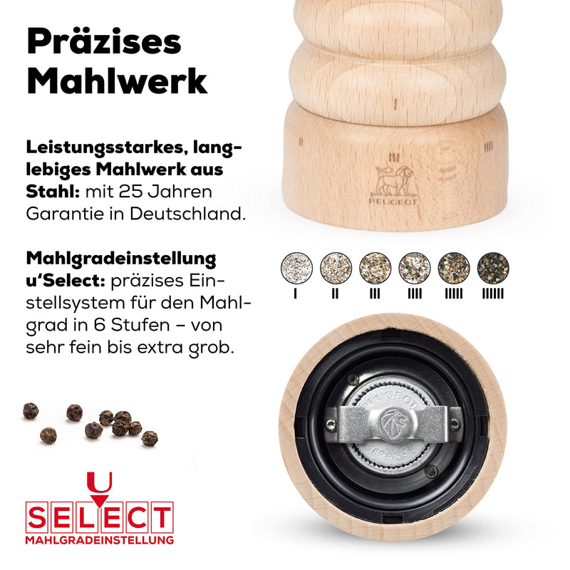 Peugeot - Paris u'Select Manual Pepper Mill - Adjustable Grinder - Beechwood, Natural 4.73in.