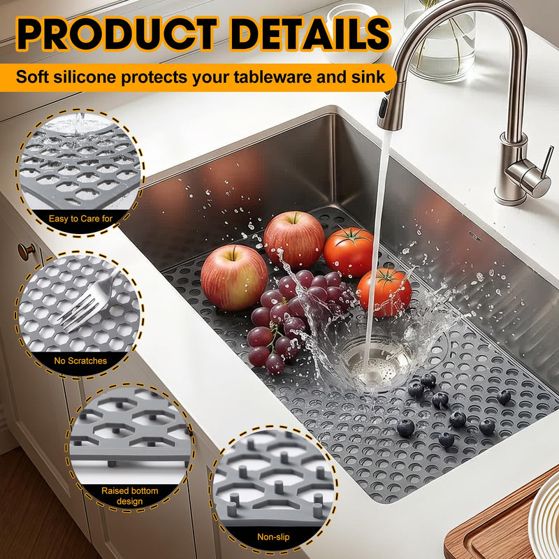 Silicone Sink Protectors for Kitchen Sink, 26 x 14 Inch Non-slip Heat Resistant Silicone Sink Mat Grid for Bottom of Farmhouse Stainless Steel Sink with 2 Reserved Holes, Kitchen Sink Accessories,Grey Grey-26x14in