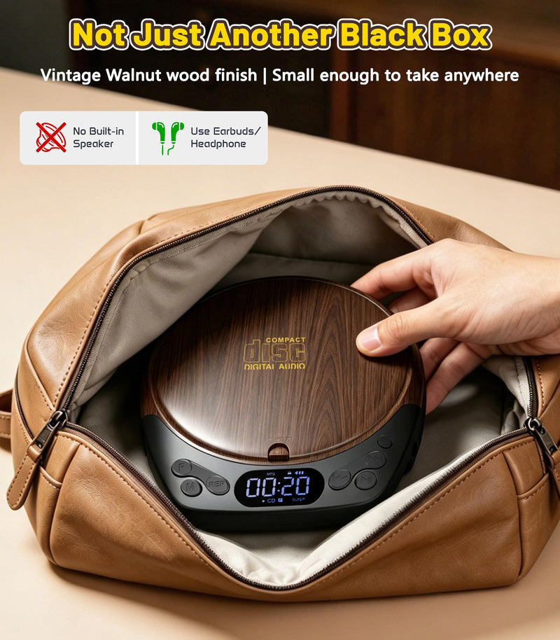 Gracioso Rechargeable Portable CD Player with Headphones for Car & Home | CD/MP3/Micro SD/AUX Out Supported, Retro CD Player, 60s Anti-Skip, Lock/Programmable/Timer, No Built-in Speakers (Walnut Walnut CD Player with 1200mAh Rechargeable Battery