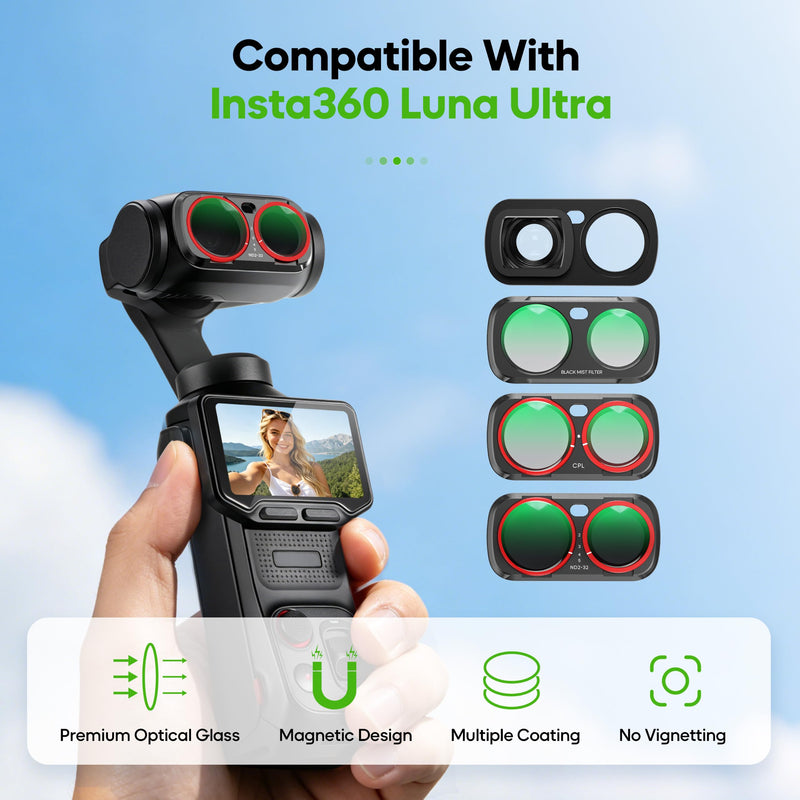 Wide Angle Lens Set for insta360 Luna Ultra HD Filters 4 Pcs Accessories | HD VND 2-32, Black Mist 1/4, Wide Angle Lens, CPL Adjustable Magnetic Quick Release Lens Filter Set
