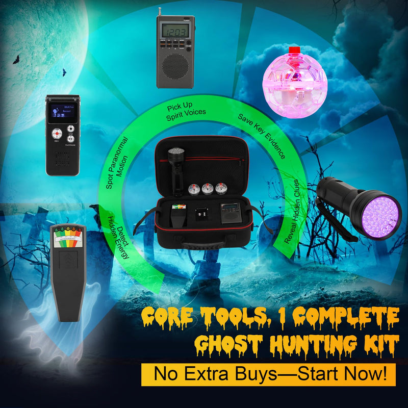 Ghost Hunting Equipment Kit Include EMF Meter,Spirit Box,EVP Recorder,UV Flashlight,3 LED Light up Cat Balls & Carrying Case,Advanced Ghost Kit Advanced Ghost Kit